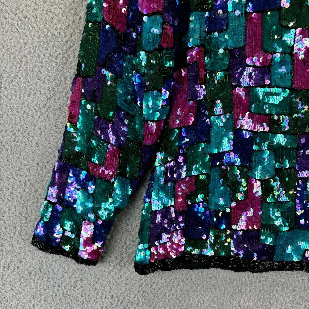 Vtg Stenay Sequin Jacket Large Retro Disco Glam Holiday Colorblock Allover - Picture 8 of 12